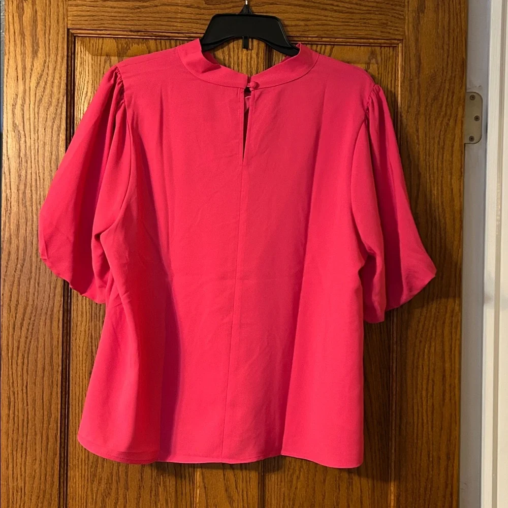 LOFT Bright Pink Twist-Neck Puff Sleeve Blouse